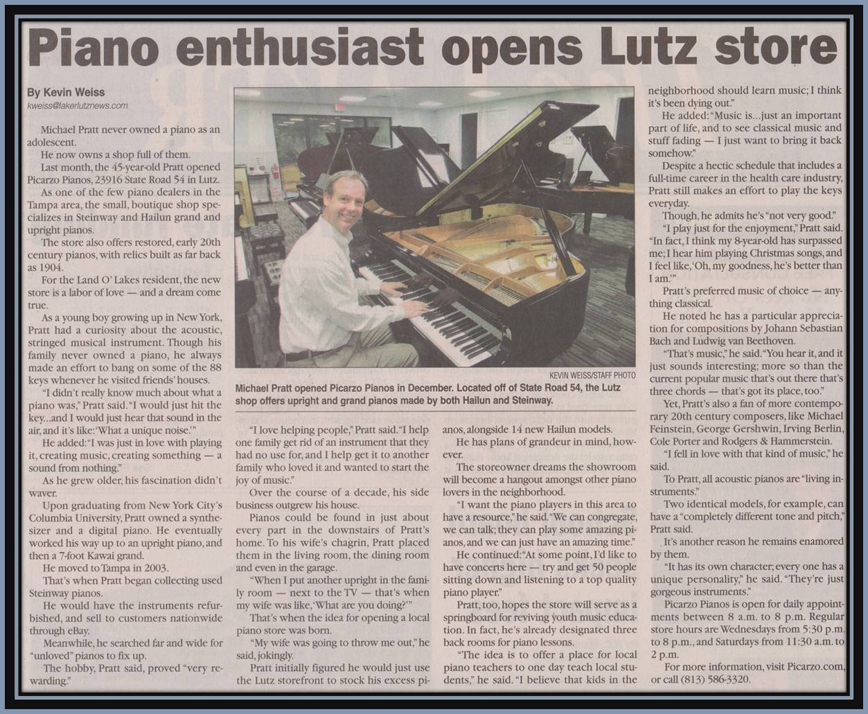 Picarzo Pianos In The News Article in Lutz Laker Newspaper